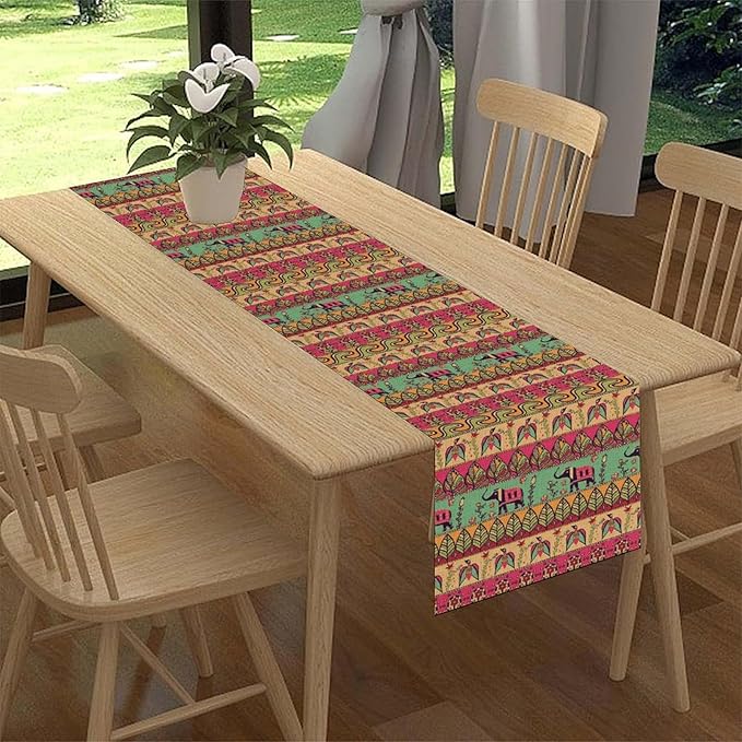 Boho Table Runner, Indian Bohemian Elephant Mandala Paisley Floral Hippie Art Print Table Center Decor for Home Kitchen Dining Patio Holiday Party Indoor Outdoor Table Decorations, 13"x36" Inch