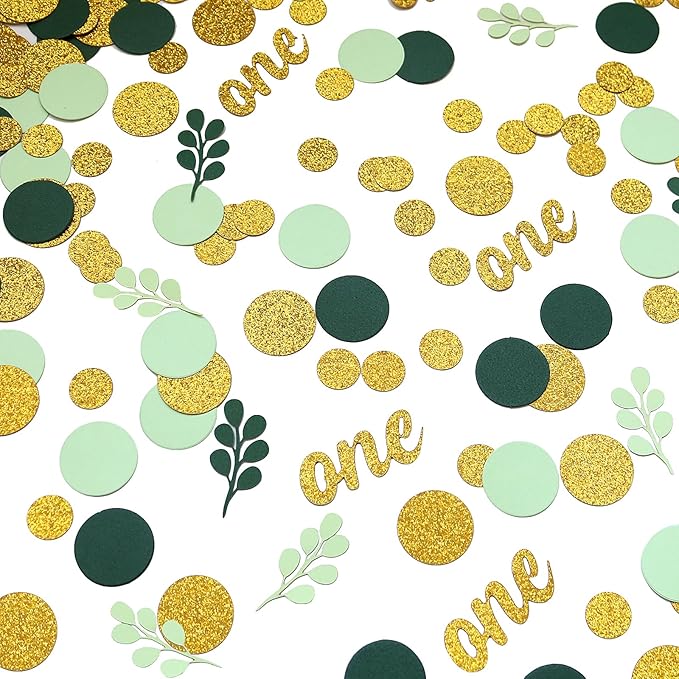 300PC Gold Glitter and Sage Green First Birthday Decorations for Girl/Boy Greenery Happy 1st Birthday Confetti for Table for Baby One Year Old Party Decor Supplies
