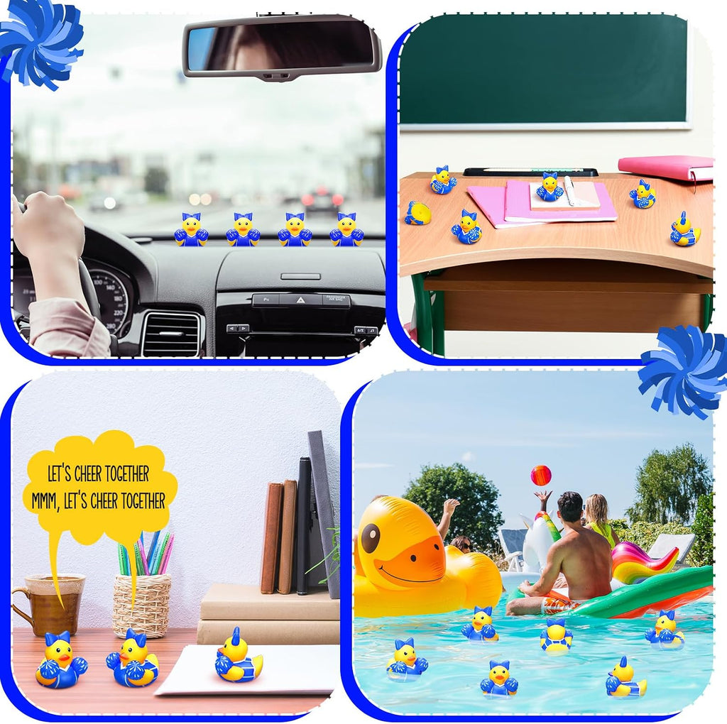 MiniInflat 12 Pcs Cheer Team Gifts Bulk Cheerleader Mini Rubber Ducks with Bows Cheer Party Favors Ducks Cheerleading Competition Gifts Accessories Goodie Bags Stuffers Party Decorations (Blue)