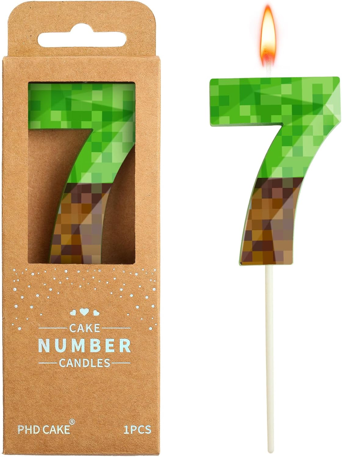 PHD CAKE 2.76 Inch Number 7 Pixel Birthday Candles Crystal, Green Miner Number Candles, Cake Number Candles, Party Celebration, Style Candle