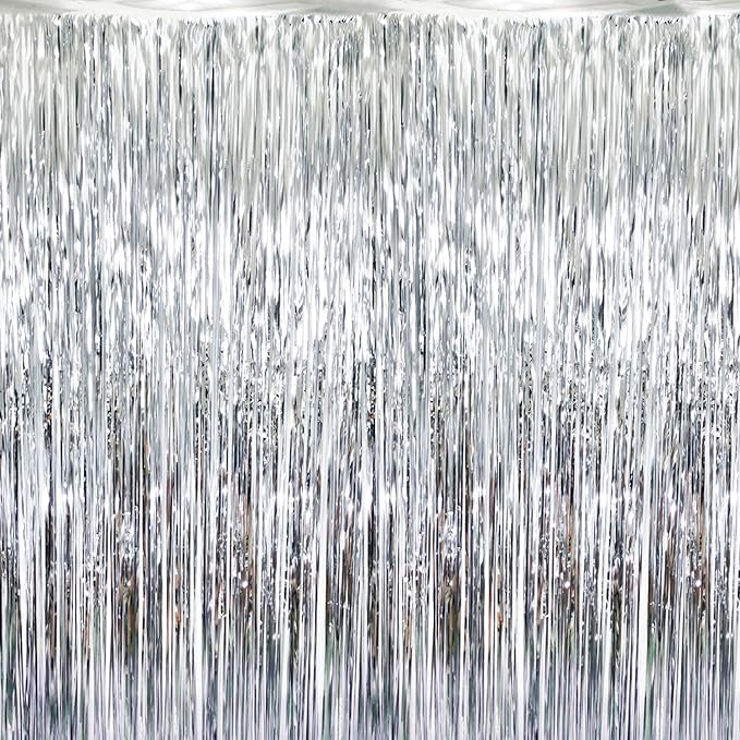 GOER 3.2 ft x 8.2 ft Metallic Tinsel Foil Fringe Curtains Party Photo Backdrop Party Streamers for Birthday,Graduation,New Year Eve Decorations Wedding Decor (Silver,5 pcs)