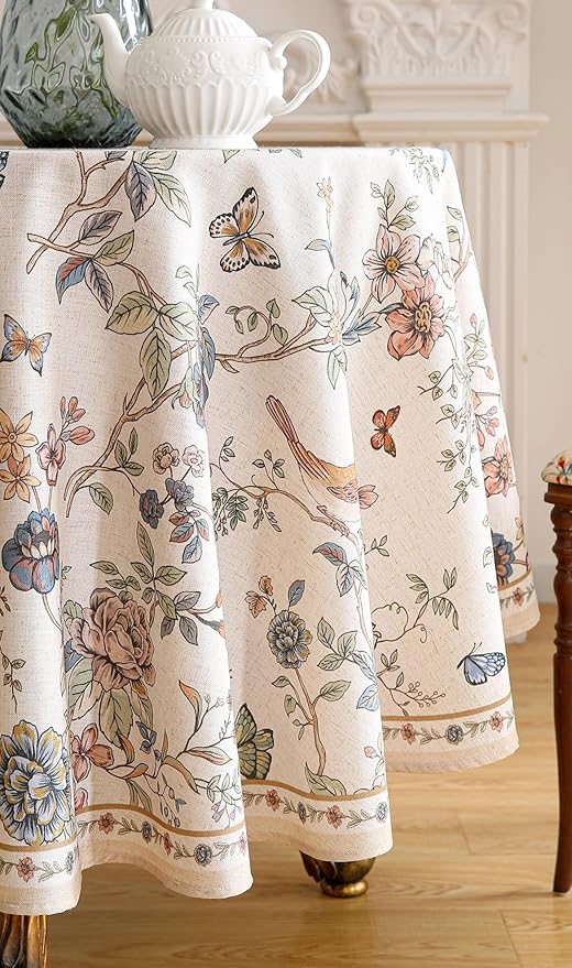 ISAENNE Designer French Light Beige Small Round Tablecloth,Linen Florals and Birds Pattern Table Cloth,Anti-Wrinkle Decorative Tablecloths for Dining Thanksgiving Kitchen,Diameter 55"-Cornucopia