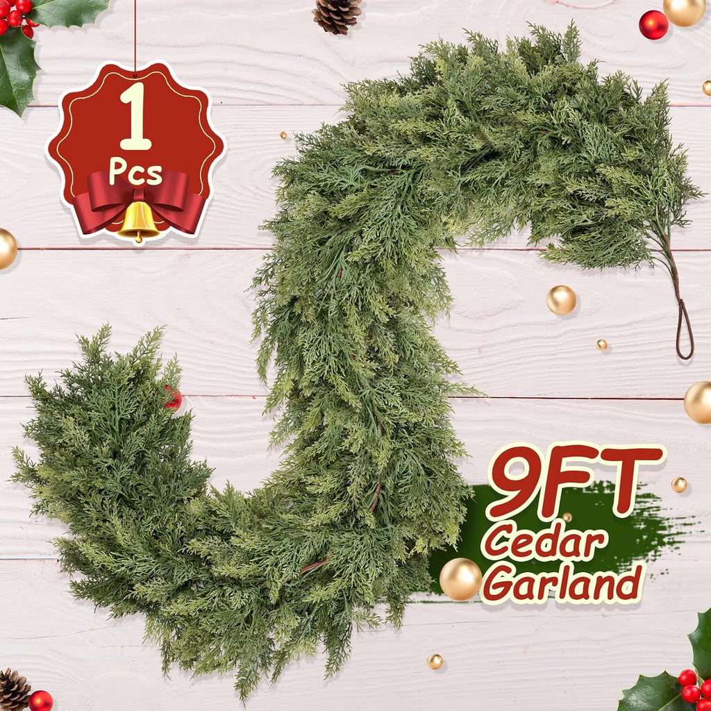 9ft christmas artificial cedar garland for mantel on a desk or shelf