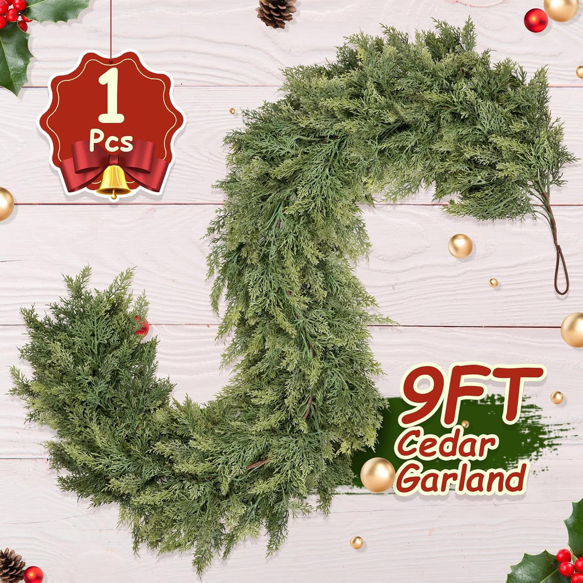 9ft christmas artificial cedar garland for mantel on a desk or shelf