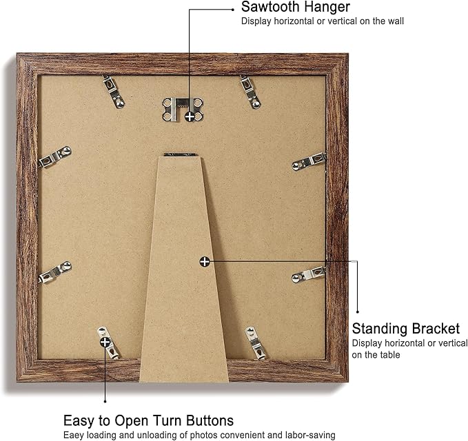 10x10 Picture Frame Set of 4 with Real Glass, Rustic Frames Display 8x8 Picture with Mat or 10 x 10 Without Mat, Wooden Square Photo Frame for Wall Mount and Tabletop Display