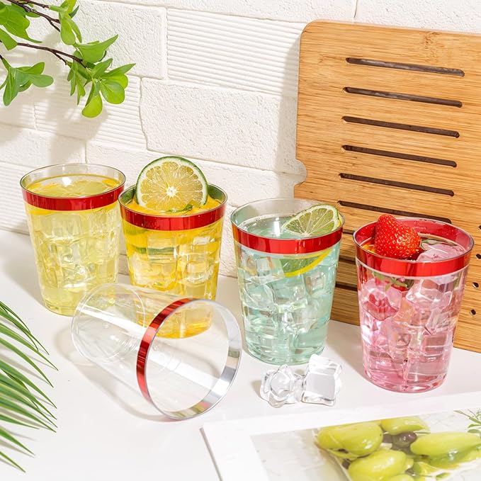 DaYammi 100 Pack Red Plastic Cups 10 Oz Clear Red Rimmed Plastic Cups for Party Fancy Disposable Cup for Wedding Disposable Glasses Clear Tumblers with Rim for Birthday Elegant Wine Cocktail Cup
