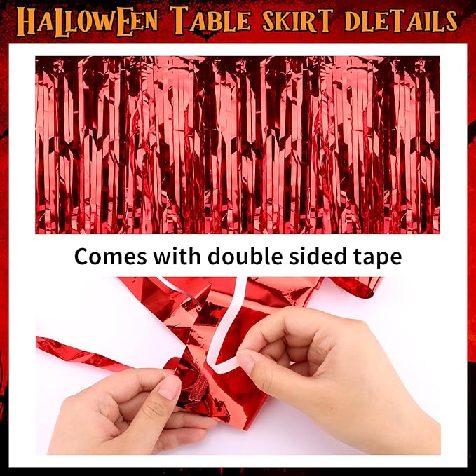 28x106 Inch Red Sequin Tablecloth for Halloween Decorations, Metallic Tinsel Foil Fringe Table Skirt, Rectangle or Round Tables Decor, Table Cover, Spider Decorations for Halloween Party
