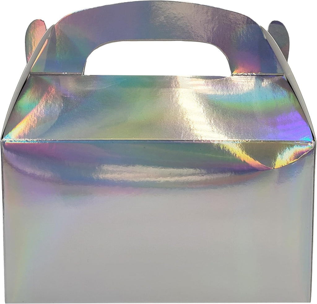 The Dreidel Company 12-Pack Iridescent Silver Gable Treat Boxes, Goodies Favor Box for Kids Birthday Party Favors, Weddings Events, Baby Shower, 6.25" x 3.5" x 3.5" Inch Box Iridescent Treat Box