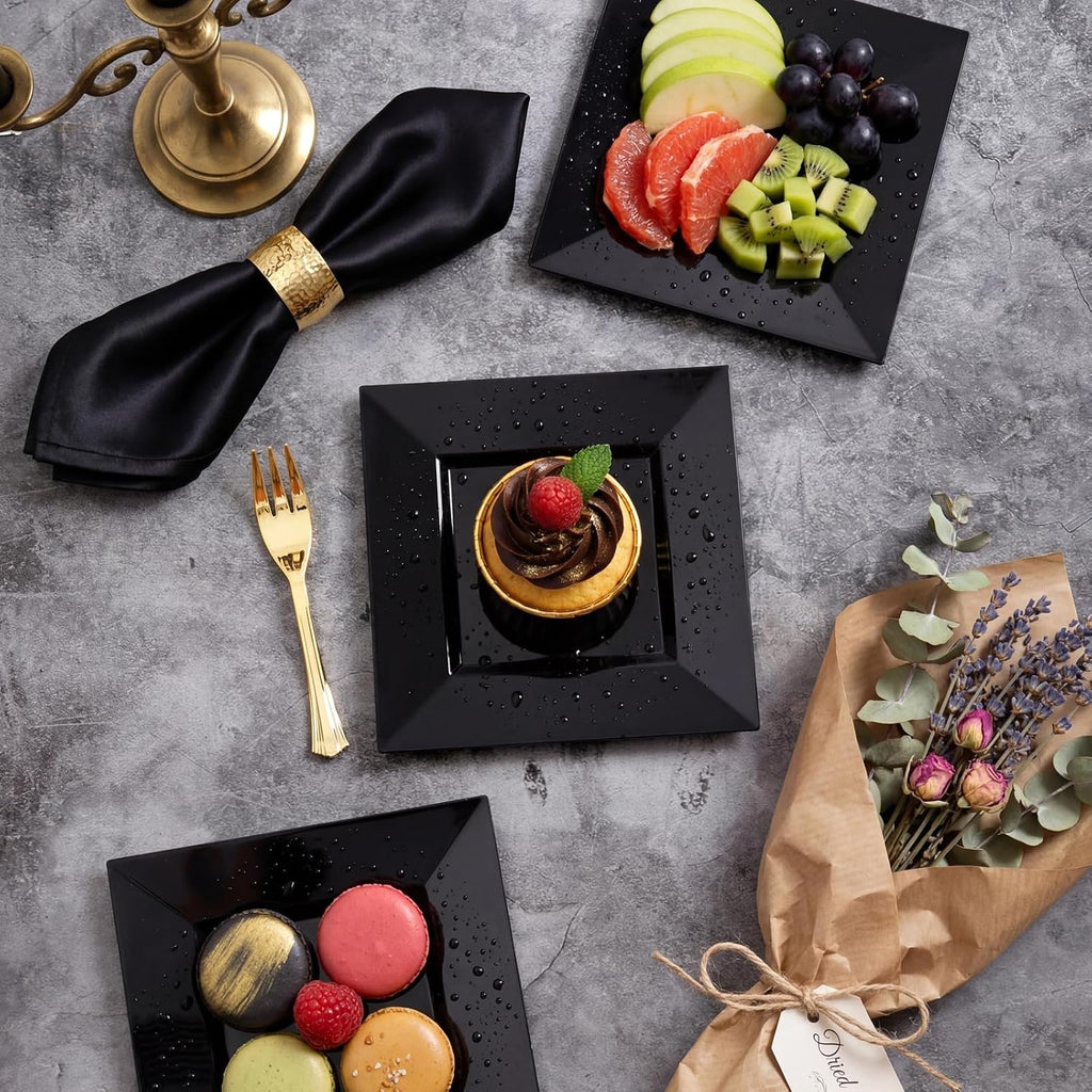 supernal 200pcs black square plastic dessert cake plates on a desk or shelf