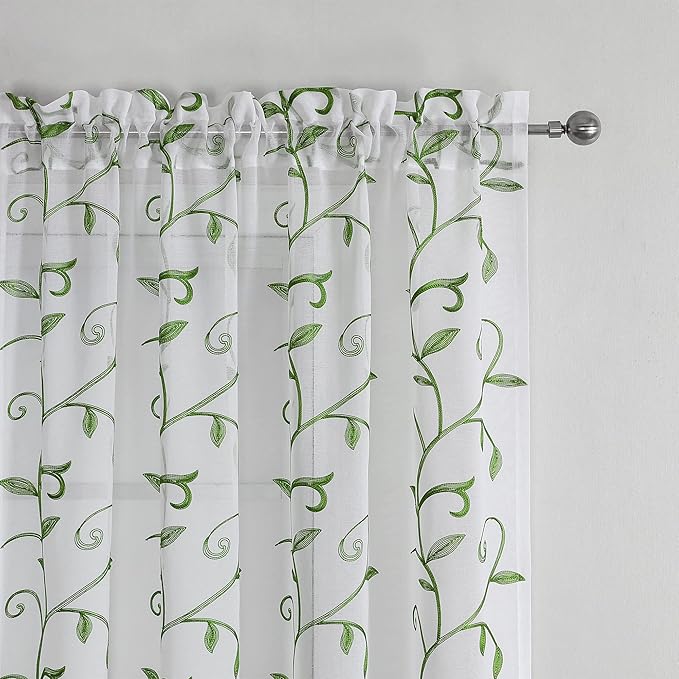 VISIONTEX Embroidered Green Sheer Voile Curtains, Leaves Embroidery Faux Linen Rod Pocket Window Drapes for Living Room and Girls Bedroom 54 x 95 Inch, Set of 2 Curtain Panels
