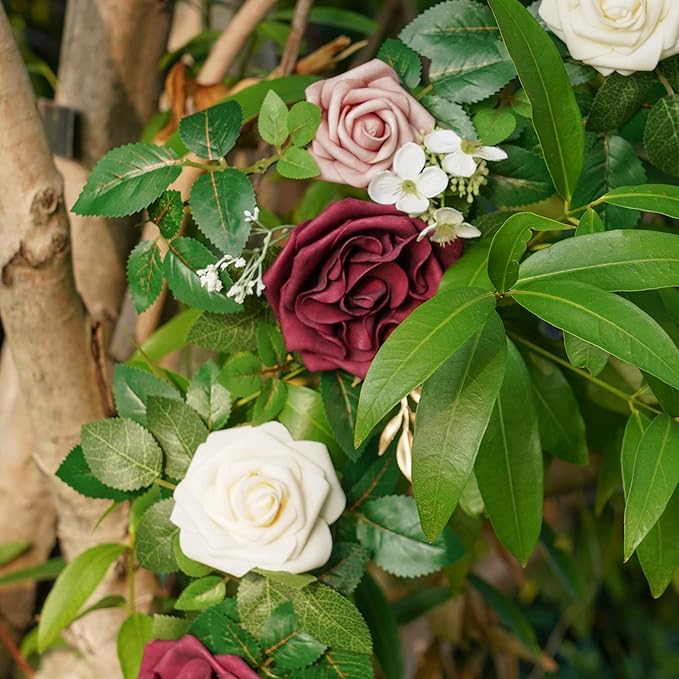 PONATIA 5FT Handcrafted Burgundy Artificial Rose Garland, Dusty Rose Flowers for Wedding Ceremony Garlands Backdrop Arch, Christmas Decorations Table Decor