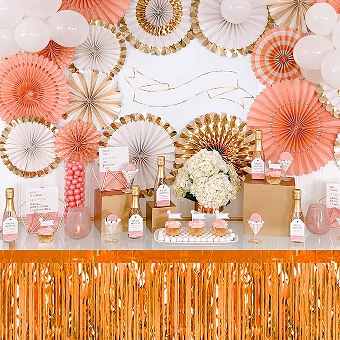 3 Pack Orange Foil Fringe Table Skirts Metallic Tinsel Streamers Garland Banner Backdrop for Table Decor, Parade Float, Birthday, Wedding, Halloween, Christmas Party Decorations(29x108 In)