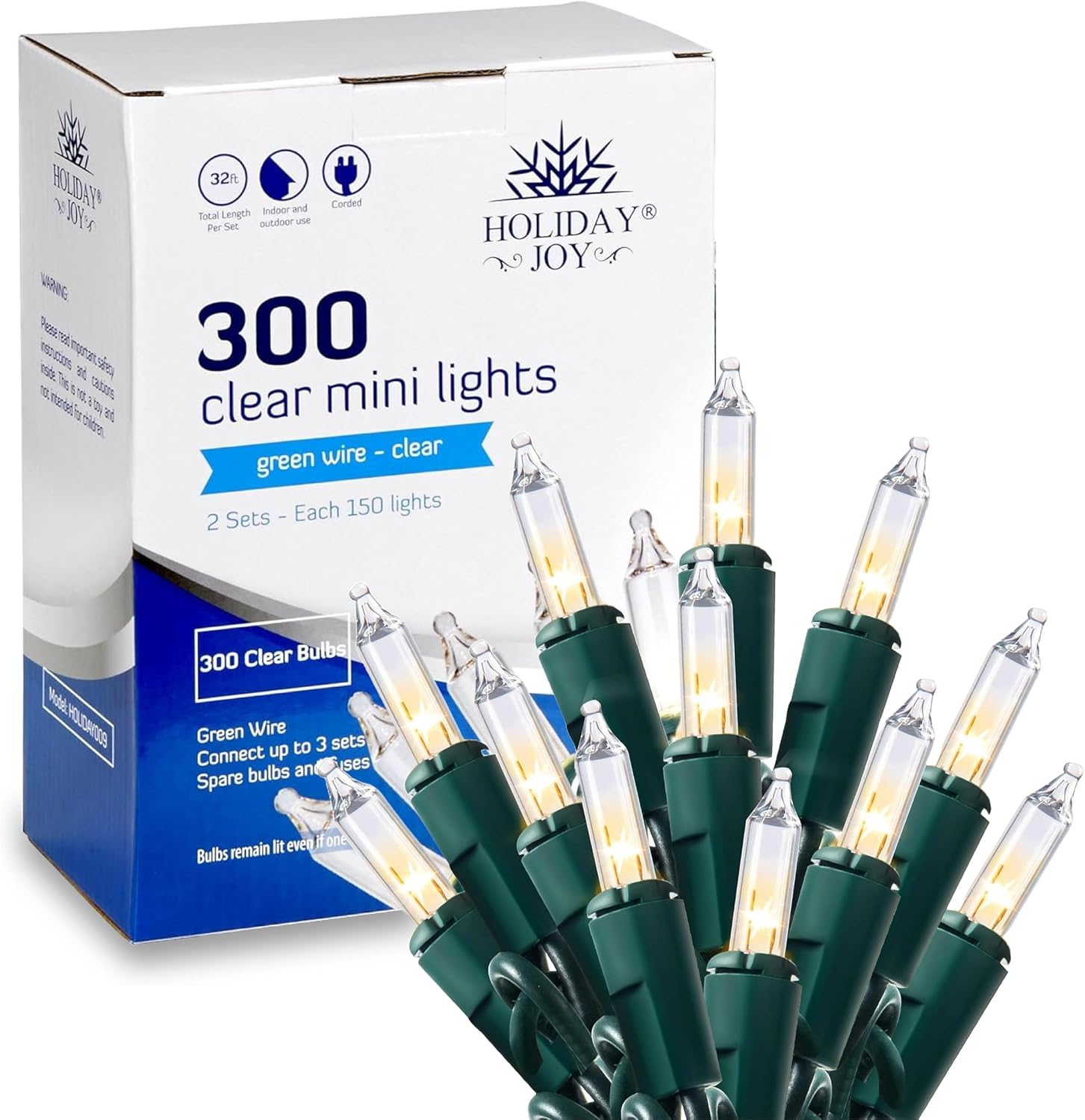 Holiday Joy - 300 Count Warm White Christmas Lights Outdoor, 64FT Length Per Set Incandescent Christmas Lights Indoor, Corded Tree String Lights for Xmas Decorations (Green Wire)