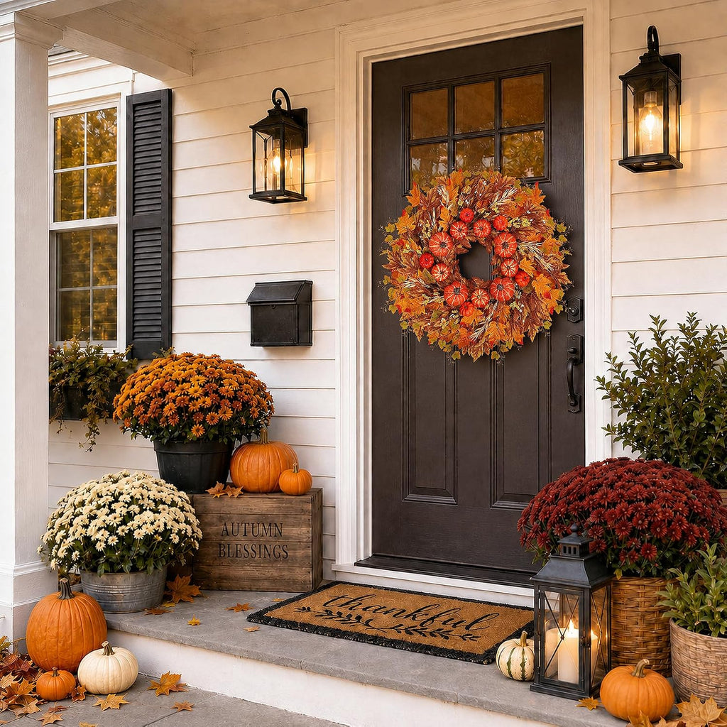 28 inch fall wreath for front door, pumpkins, side view