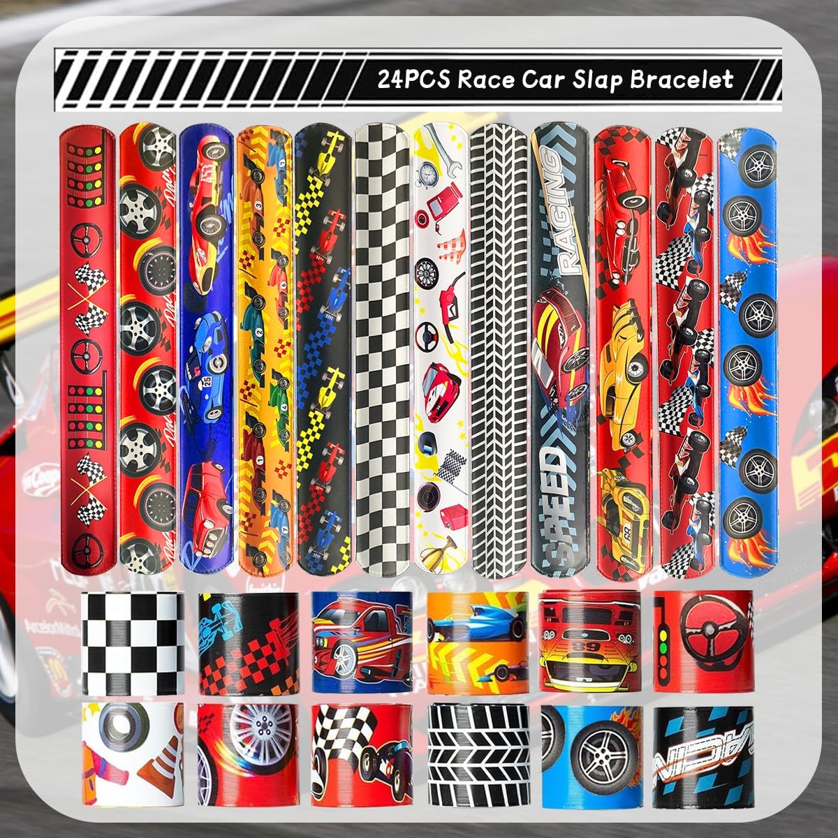 CZWXOXO 24 Pcs Race Car Party Decorations Favors Racing Bracelet Racing Wristbands Bracelet Checkered Slap Bracelets Dirt Bike Task Game Decorations Car Birthday Party Supplies