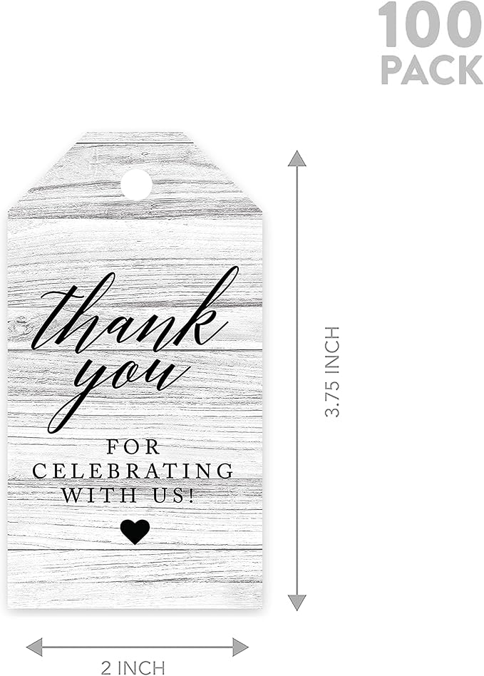 Andaz Press 100-Pack Thank You for Celebrating with Us Favor Tags Gray Rustic Wood Cardstock Gift Tags with Bakers Twine for Wedding Baby Shower Bridal Shower Birthday Party Favors 2 x 3.75-Inches