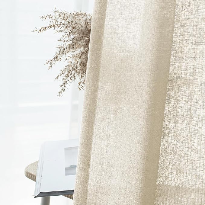 Melodieux Beige Semi Sheer Curtains 63 Inch Length for Bedroom Living Room, Farmhouse Linen Texture Light Filtering Home Office Shiny Sheer Drapes Rod Pocket, 52" W x 63" L, 2 Panels