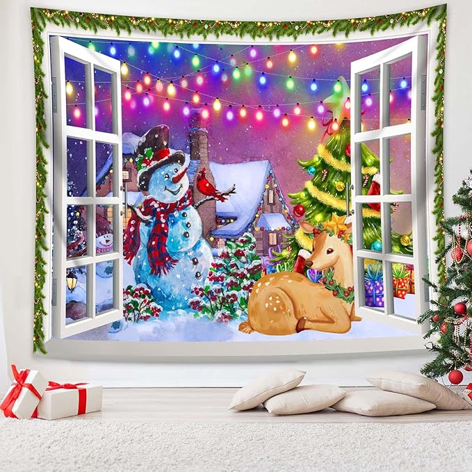 QGHOT Christmas Window Tapestry Wall Hanging, Christmas Backdrop Winter Window Wall Decor Xmas Snowman Deer Tapestries for Bedroom Living Room Dorm Holiday Party Decoration, Extra Large