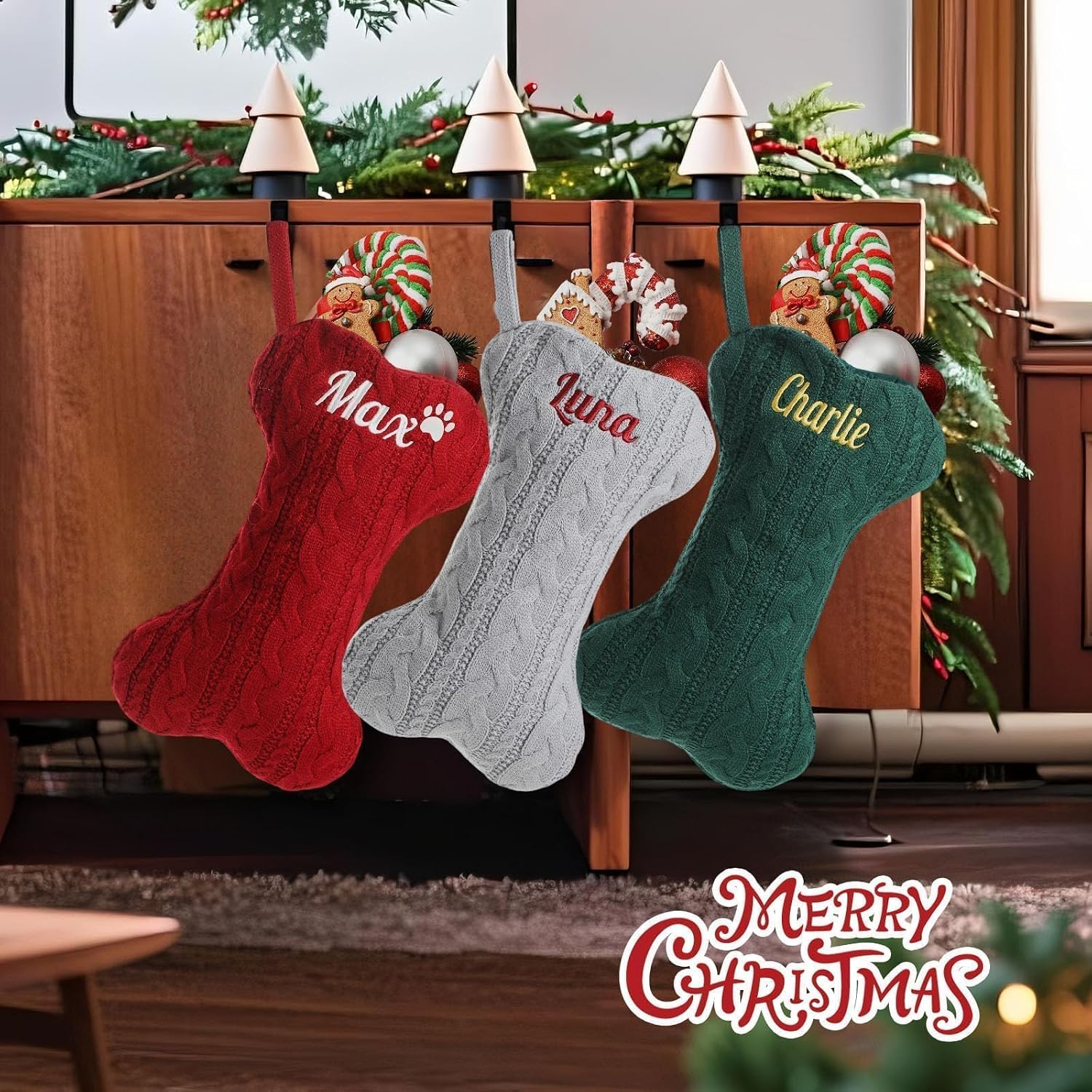Personalized Dog Christmas Stockings - Custom Embroidered Pet Name & Bone Shape Stocking for Doggie, 15.7” Large Knit Monogram Xmas Stockings for Fireplace Holiday Decor Gift(1 Pack)