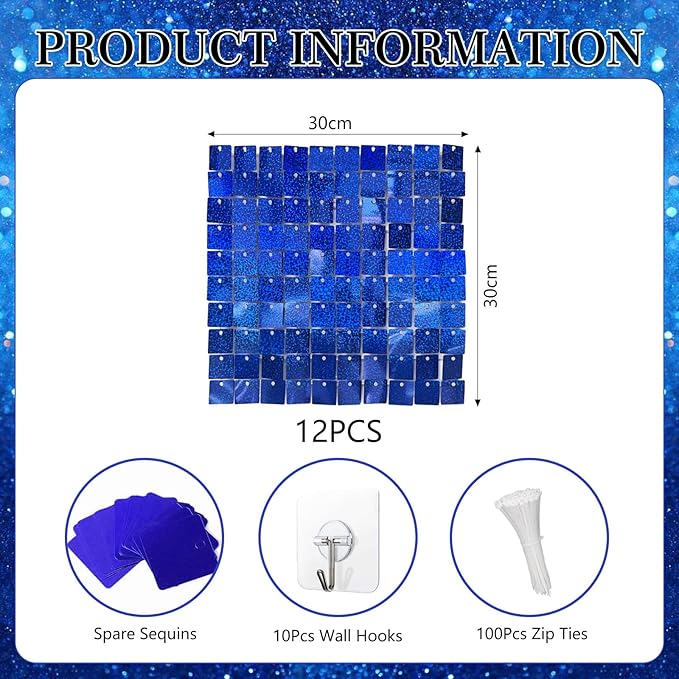 12PCS Royal blue Shimmer Wall Backdrop, Laser Square Sequin Photo Backdrops Panel, Glitter Wall Background for Birthdays, Weddings, Christmas, Engagements, Disco Bachelorette Party Decor (3FTx4FT)