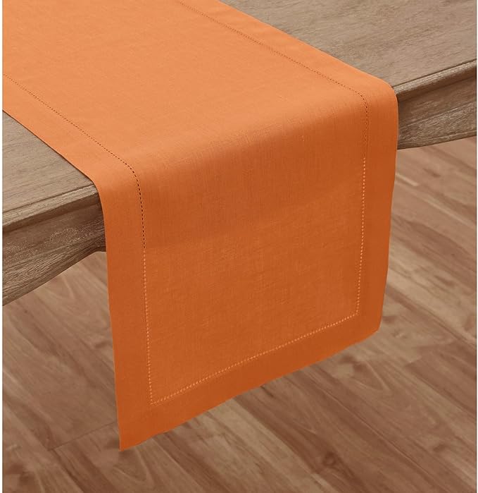 Solino Home Linen Pumpkin Table Runner 90 Inches Long - 100% Pure Linen Hemstitch 14 x 90 Inch Table Runner for Dining, Fall, Autumn, Halloween, Thanksgiving, Holiday - Classic Hemstitch