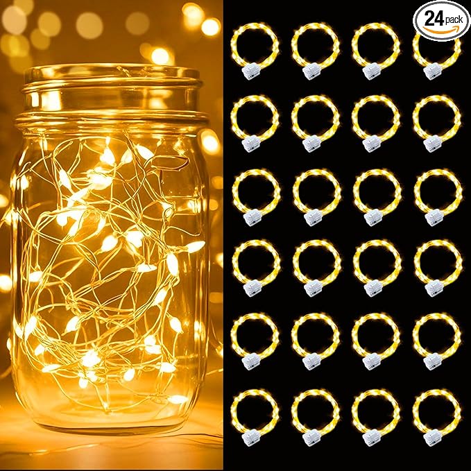 pozzolanas 24 Pack Warm White Battery Operated String Lights - 7ft Waterproof Fairy Lights with 20 LEDs for Home, Mason Jar, Party, Wedding, Halloween, Christmas Decorations