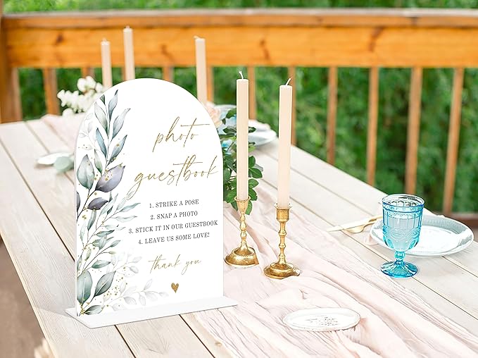 Acrylic Wedding Signs, Greenery Theme Photo Guestbook Sign, Wedding Reception Signage, Bridal Shower Table Decor with Stand, Engagement, Anniversary, Newlywed Events and Parties Supplies, 12