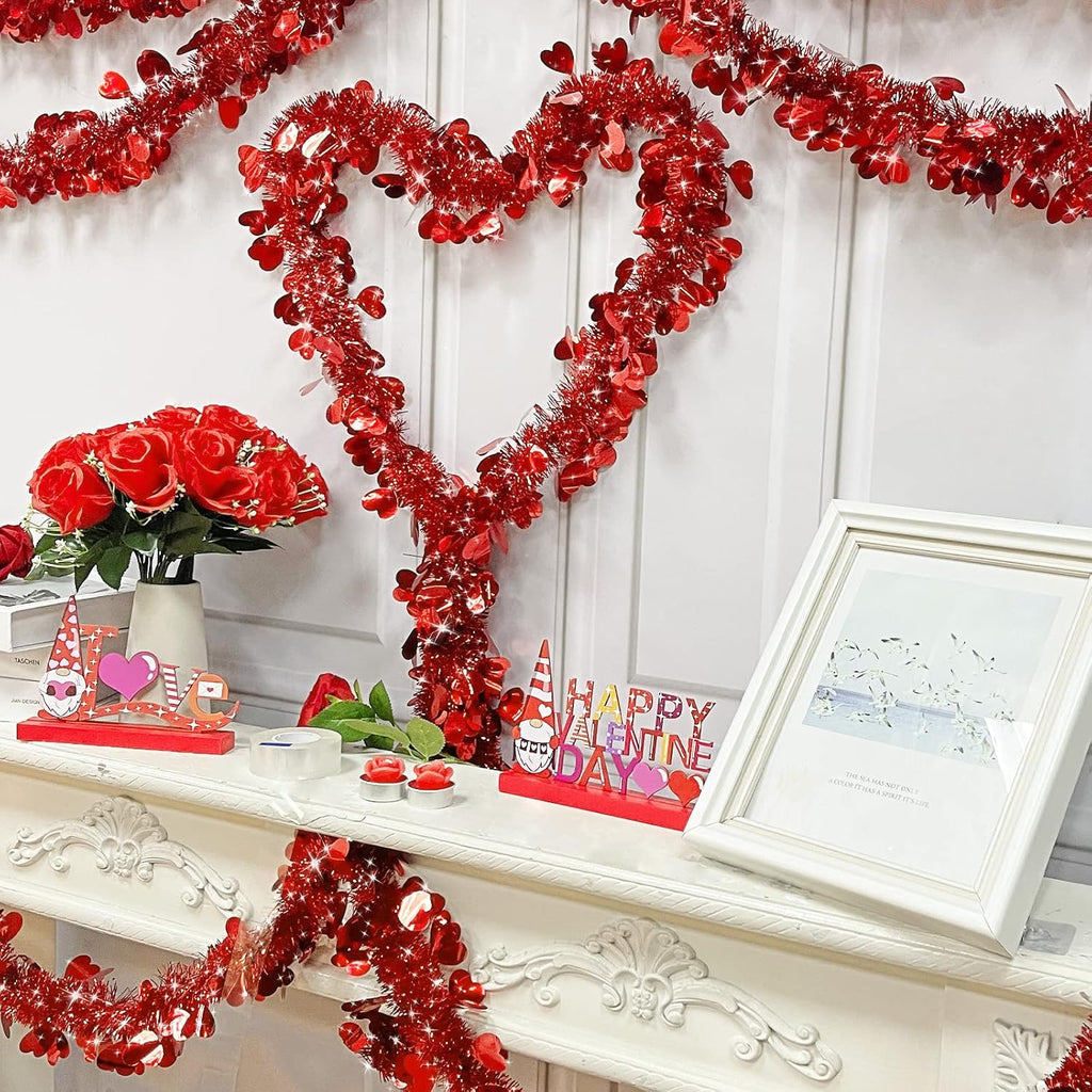 TURNMEON 49.2 Feet 6 Strings Valentines Heart Tinsel Garland Valentine Decor Twist Metallic Hanging Red Garland Valentines Tree Decoration Indoor Outdoor Wedding, Each 8.2Ft by 4.3 Inch