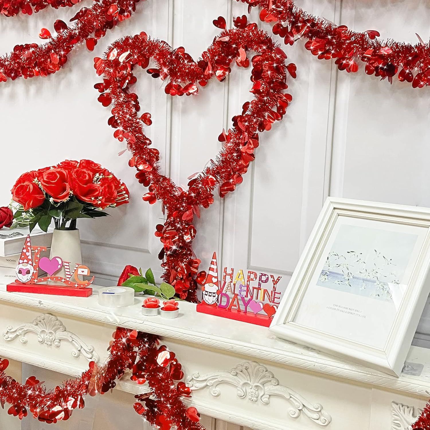 TURNMEON 49.2 Feet 6 Strings Valentines Heart Tinsel Garland Valentine Decor Twist Metallic Hanging Red Garland Valentines Tree Decoration Indoor Outdoor Wedding, Each 8.2Ft by 4.3 Inch