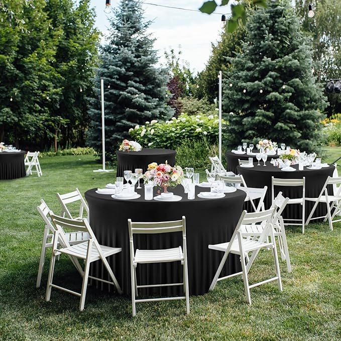 8 Pack Black Round Spandex Tablecloth 60 Inch, Wrinkle Free Stretch 120 Inch Fitted 5ft Black Table Cloths Round Table Covers with Ruffle Skirt for Graduation Wedding Party Banquet