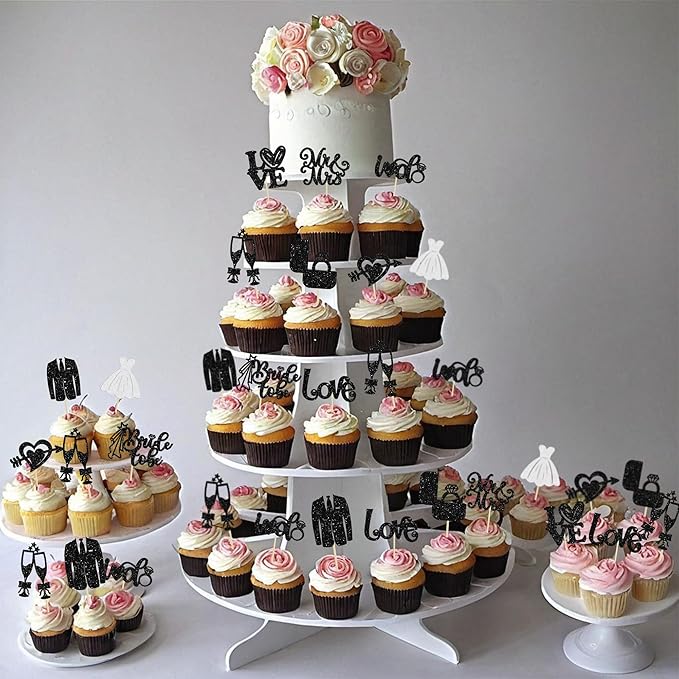 Ephlyn 30Pcs Bride to be Cupcake Toppers Glitter Wedding Cake Topper Decorations I Do Love Heart Ring Cupcake Picks for Bridal Shower Wedding Engagement Party Supplies Black
