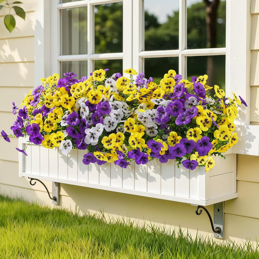 Alupssuc 24 Bundles Artificial Flowers for Outdoors Spring Decorations, Big Fake Flowers UV Resistant Realistic Pansies with Eucalyptus Silk Faux Flowers for Porch Yard, Yellow White CrimsonPurple
