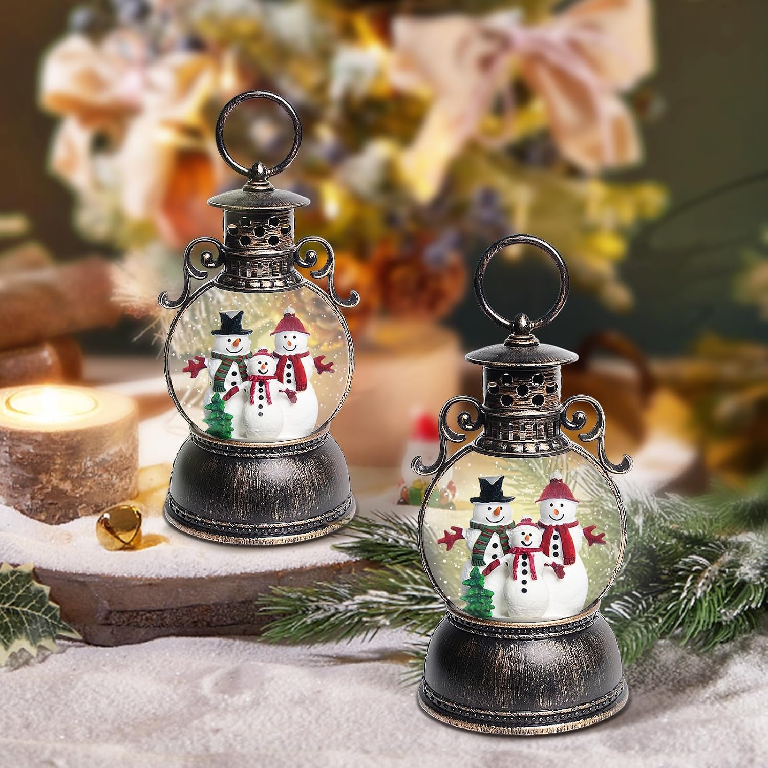 Christmas Snow Globes, Christmas Snowman Snow Globes Lantern with 8 Songs, 6H Timer Battery & USB Powered Glitter Music Box for Christmas Table Decorations Home Decor