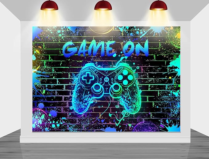 Mocsicka Game On Backdrop Video Game for Boys Level Up Birthday Party Decoration Game Night Arcade Neon Glow Gamer Banner Photography Background (Blue, 10x8ft(120"x96"))