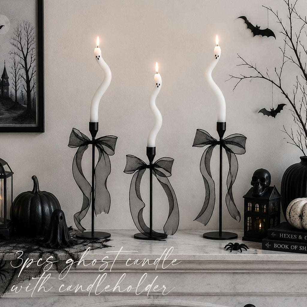AYGXU Halloween Decorations indoor-3Pcs Twisting Ghost Candles Decor with Candle Holders,Ribbons,Vintage Candlestick Holders Decoration,Halloween centerpieces for Party Table Fireplace Decorations