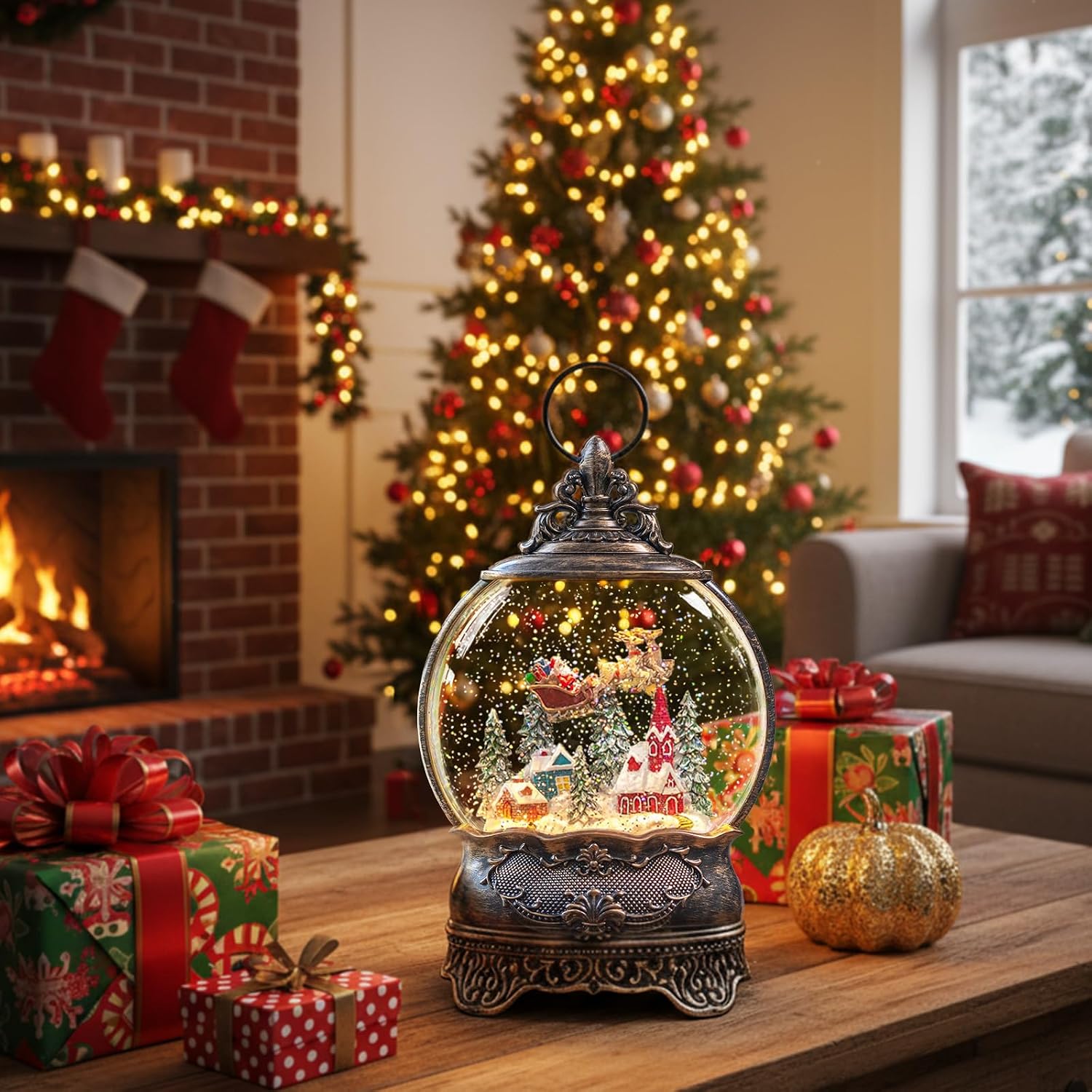 Christmas Snow Globe Lantern with Santa Claus Flying Reindeer, Lighted Swirling Glittering Snow Globes with Music & Timer, Christmas Decorations for Home Tabletop Indoor Gifts