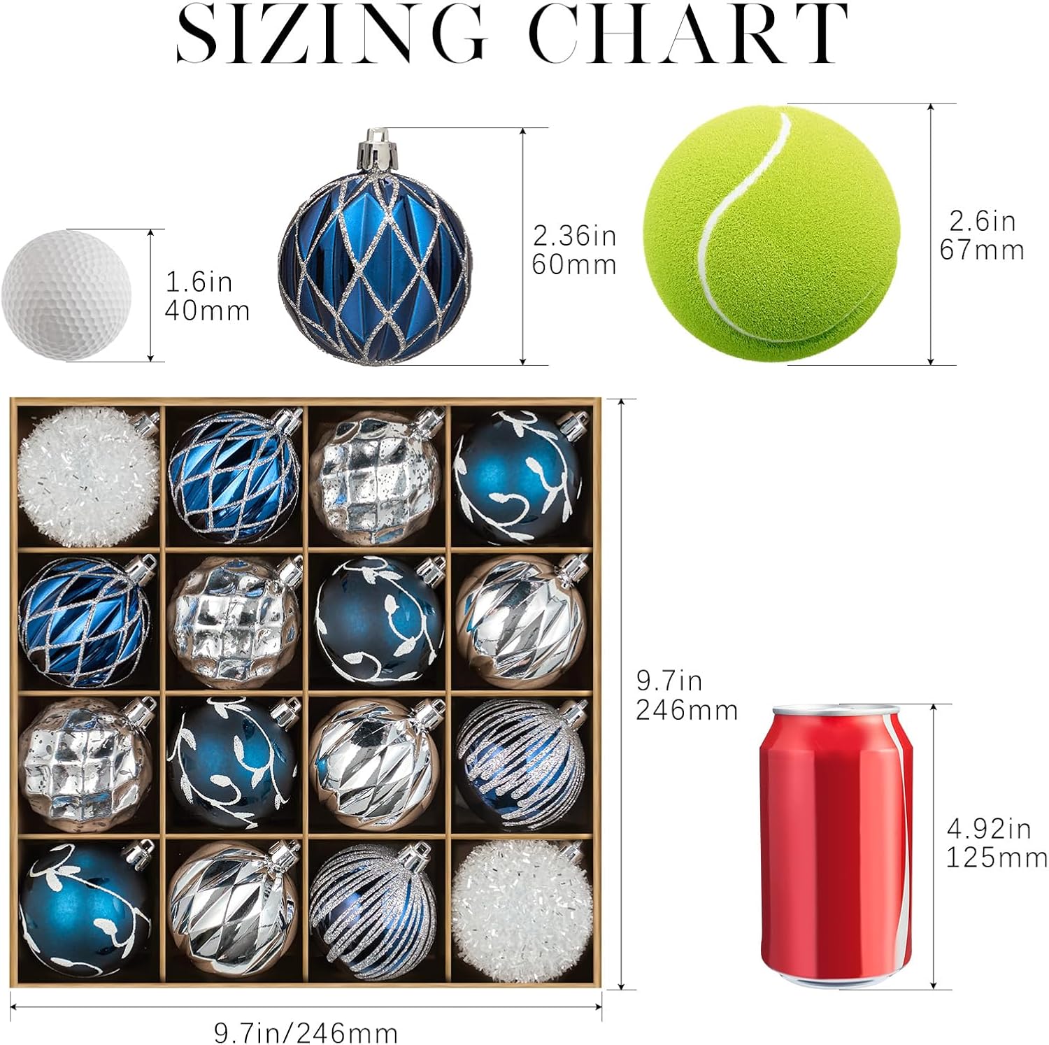 JORNOY Blue and Silver Christmas Ornaments Set, 16ct Shatterproof Christmas Ball Ornaments Bulk for Xmas Decorations - 2.36 inch Plastic Decoative Hanging Ornaments for Xmas Tree Decor (Blue & Silver)