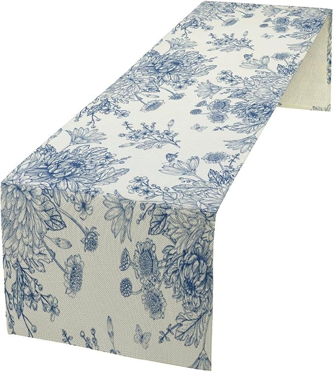 Chinoiserie Flower Table Runner, Seasonal Spring Fall Plants Blue Florals Dinner Runner for Home Kitchen Dining Table Party Holiday Decoration 13"x60"