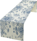 Chinoiserie Flower Table Runner, Seasonal Spring Fall Plants Blue Florals Dinner Runner for Home Kitchen Dining Table Party Holiday Decoration 13"x108"
