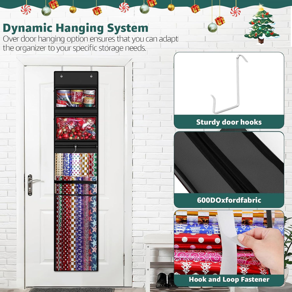 Woodoulogy Wrapping Paper Organizer Storage, Double-Sided Hanging Gift Wrap Roll Holder for Christmas, 63"x13" Over Door Present Bag Container for Room Closet, Black Wrapper Station for Birthday