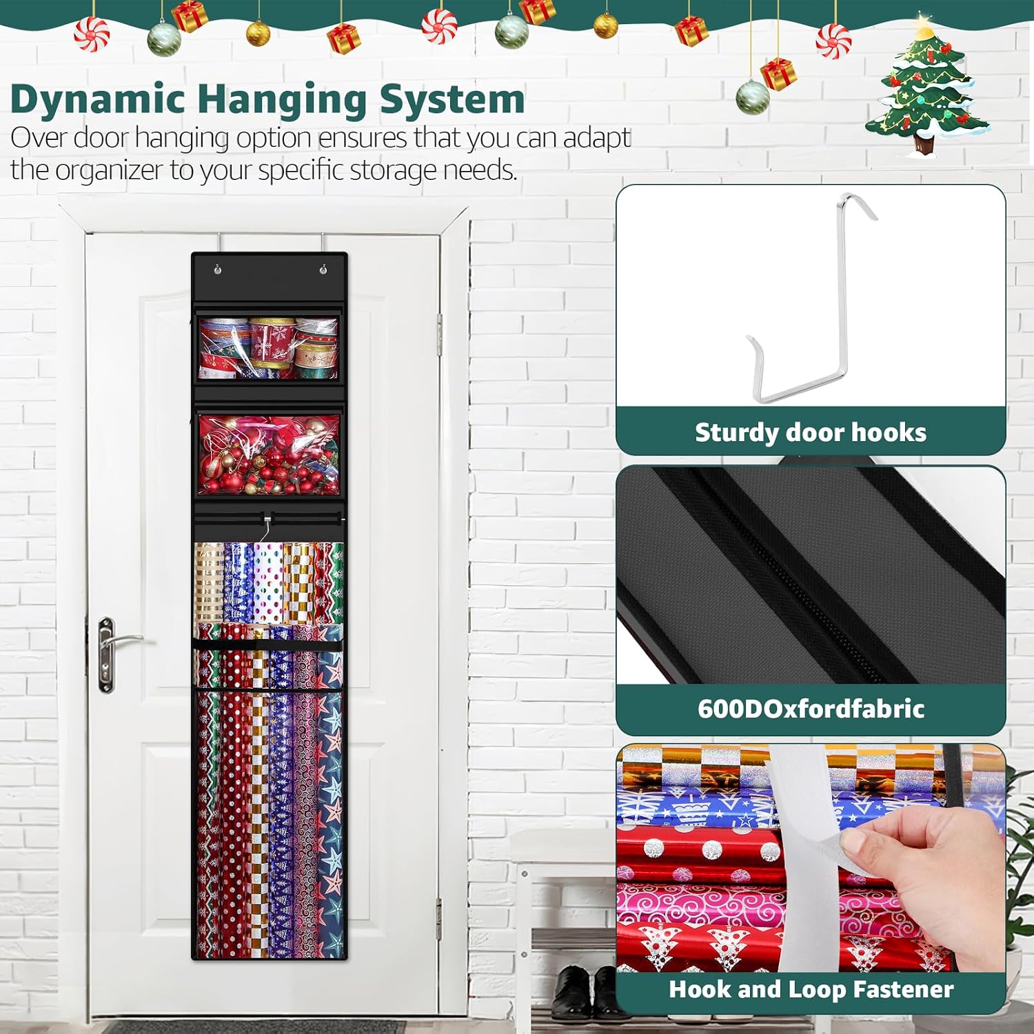 Woodoulogy Wrapping Paper Organizer Storage, Double-Sided Hanging Gift Wrap Roll Holder for Christmas, 63"x13" Over Door Present Bag Container for Room Closet, Black Wrapper Station for Birthday