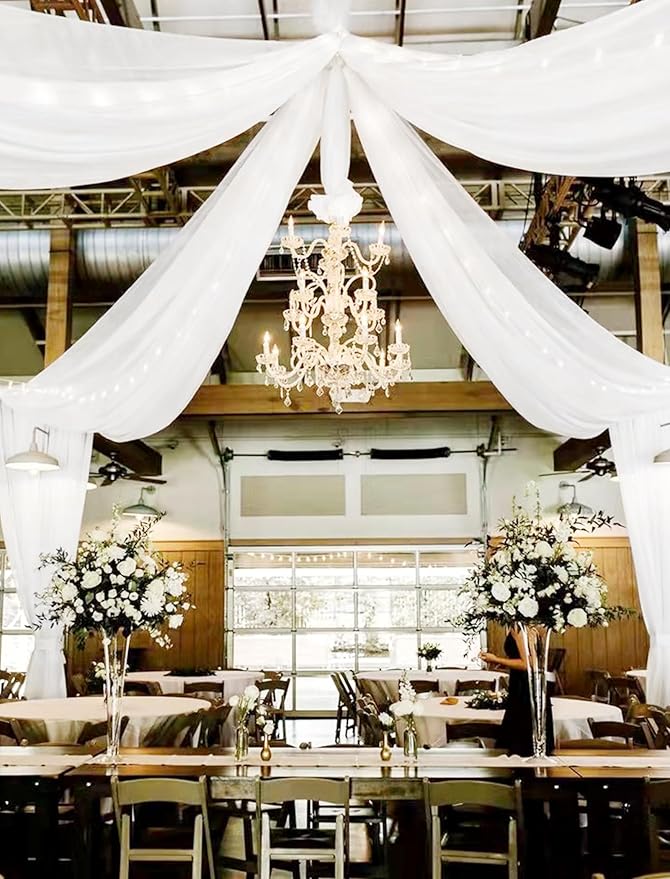 4 Panels White Ceiling Drapes 5ftx20ft Wedding Ceiling Drapes Chiffon Fabric Arch Draping Sheer Curtains Soft Drapery Draping Wedding Ceiling Decorations for Party Ceremony Stage Swag
