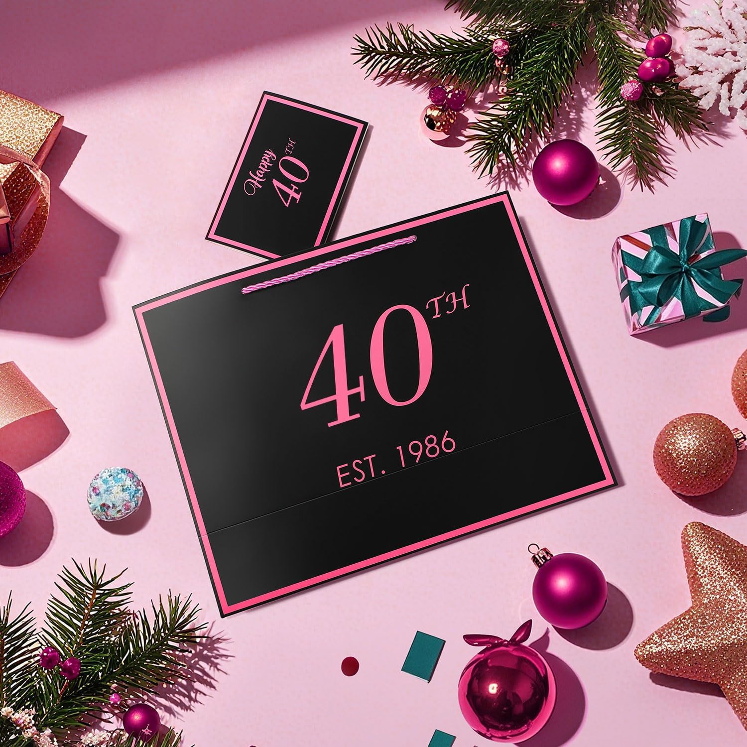 40th Birthday Gift Bag with Card and Tissue Paper for Women Her, 1986 40 Year Old 13" Elegant Black & Pink Anniversary Keepsake Party Present Shopping Paper Bags for Gifts Wrapping (1986 40th)