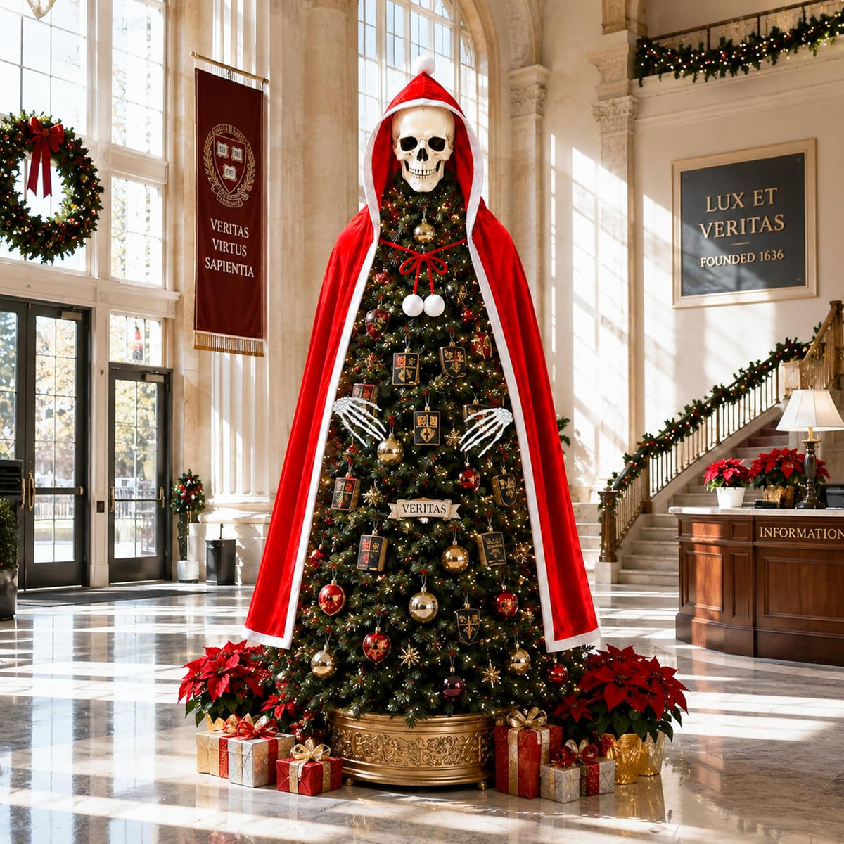 8" Christmas Skull Tree Topper and Red Cloak Skeleton Hand, Goth Xmas Decor