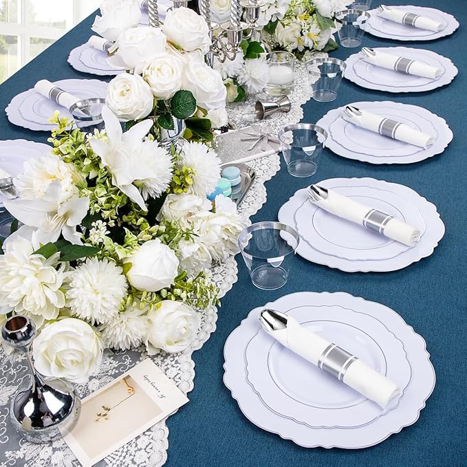 Liacere 350PCS Silver Plastic Plates-Disposable White and Silver Plates 50guest Baroque Plastic Dinnerware Set include 100Plates, 50Pack Pre Rolled Napkins with Silverware 50Cups Perfect for Chrismas