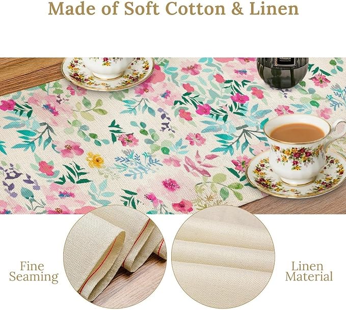 Watercolor Floral Table Runner, Colorful Botanical Spring Summer Nature Flower Aesthetic Table Runner for Kitchen Dinning Table Runner Decor Home Wedding Party Holiday, 13x120 Inch