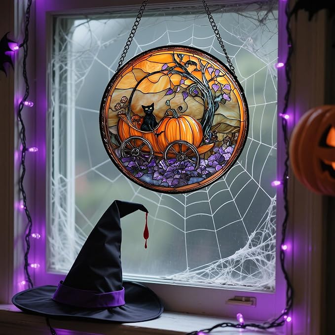 Stained Glass Window Hanging - Halloween Pumpkin Carriage Black Cat Suncatcher for Doors Window Garden Spooky Sun Catchers Gothic Decor Horror Gifts for Women Men Friend Boy Girl 15 in
