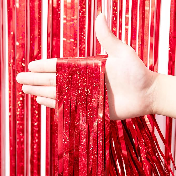 2 Pack Red Tinsel Foil Fringe Curtains, Red Party Decorations, Metallic Tinsel Party Streamers Backdrop for Birthday Casino Christmas Graduation Carnival Valentine's Party Decorations