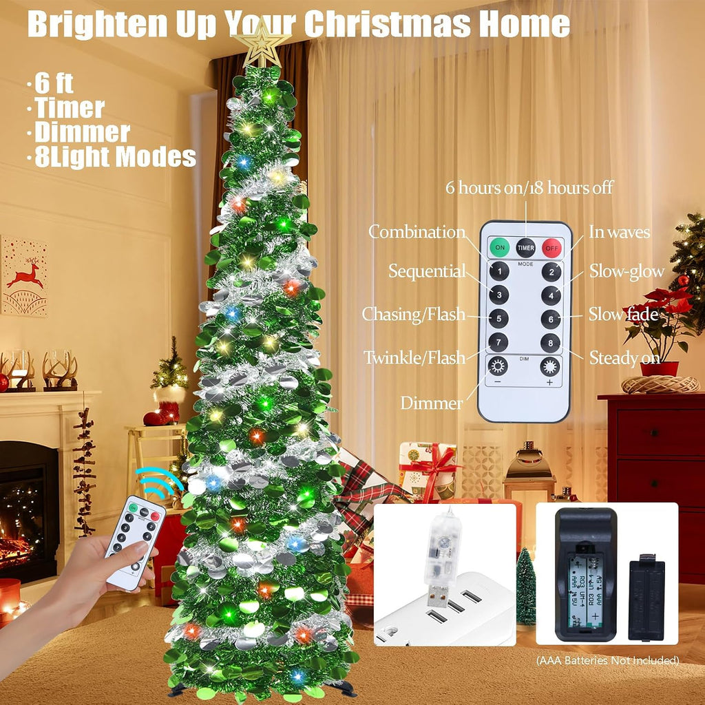 hmasyo 6 ft pop up tinsel christmas tree showing dimensions