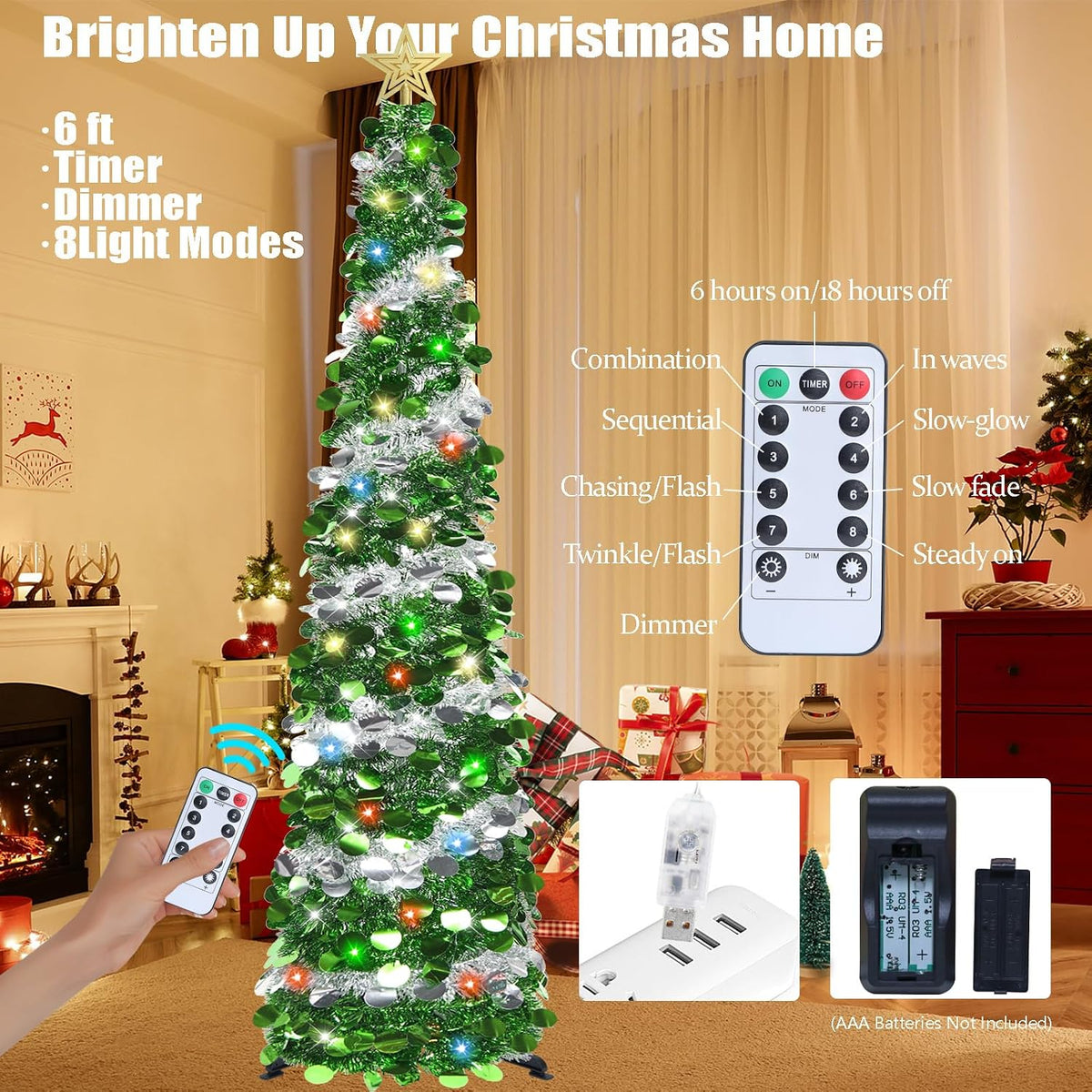 hmasyo 6 ft pop up tinsel christmas tree showing dimensions